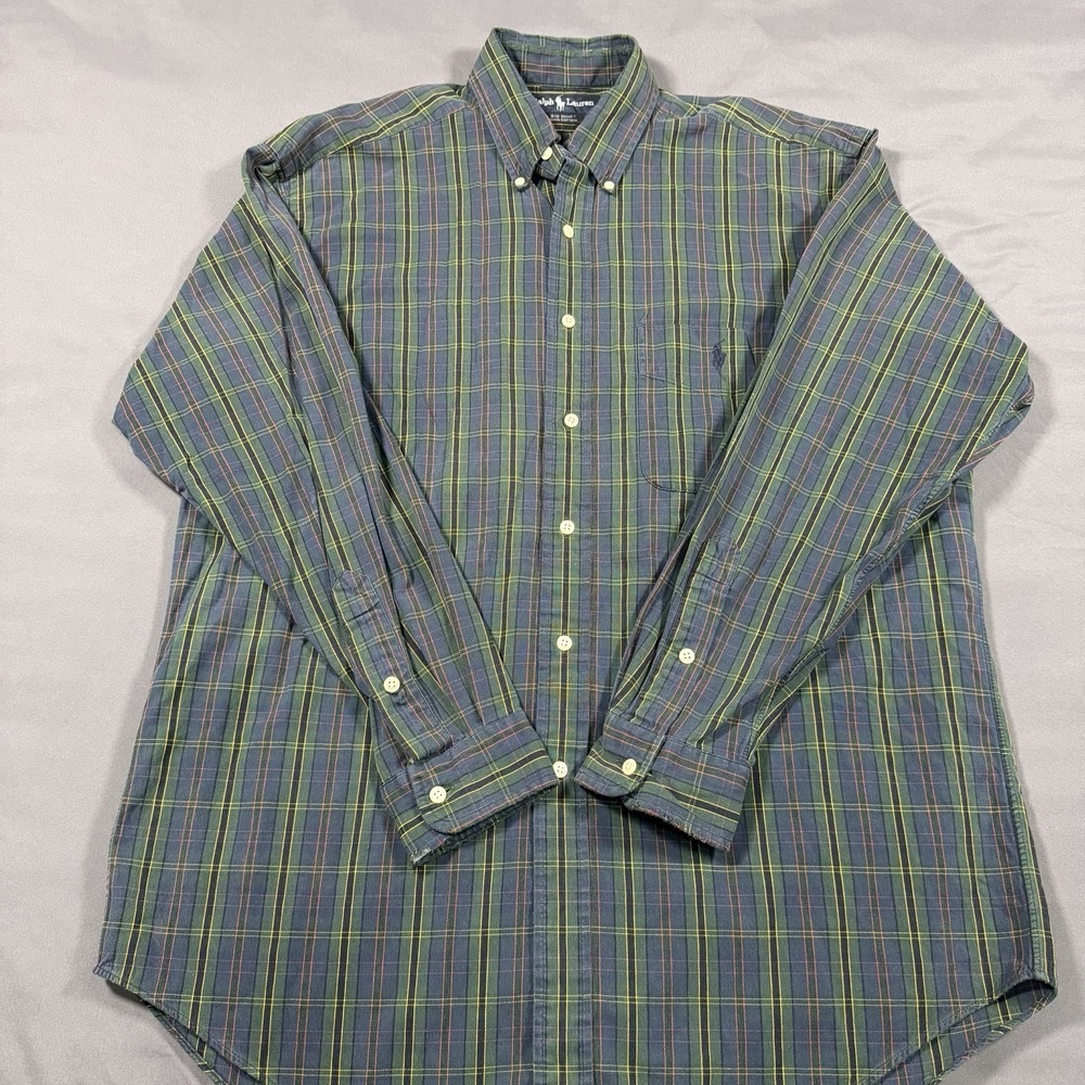 Ralph Lauren M Big Shirt Mens Green Plaid Vintage Cotton Oxford Button Down
